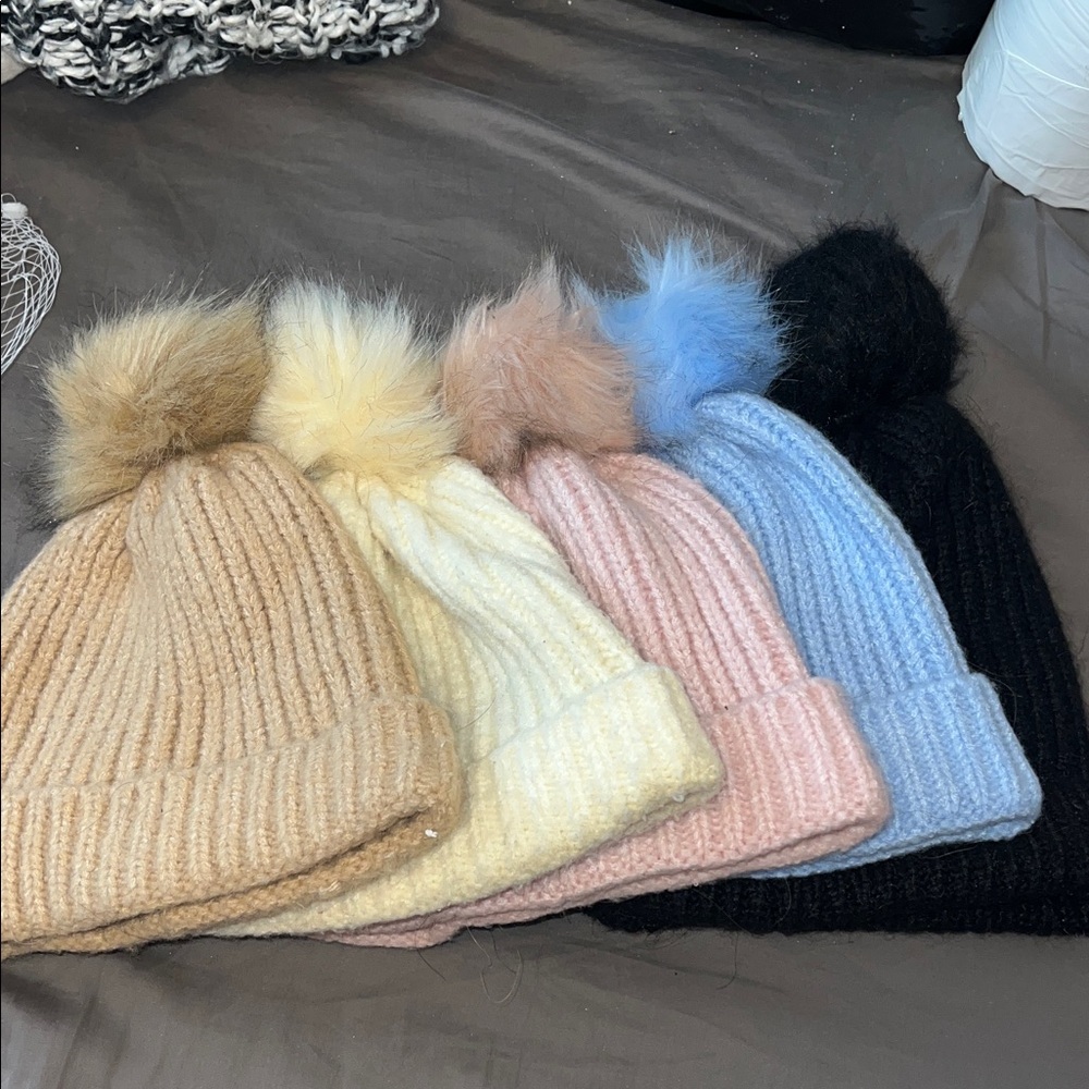 5 Splash Ribbed Knit Beanies - Tan, Cream, Pink, Blue, Black